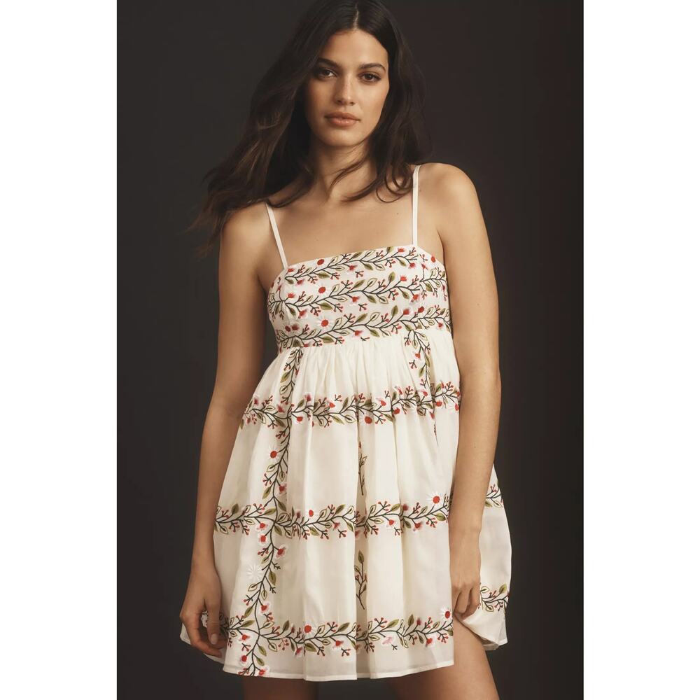 nwt ANTHROPOLOGIE SAMANT CHAUHAN sz M Square-Neck Floral Embroidered Mini Dress